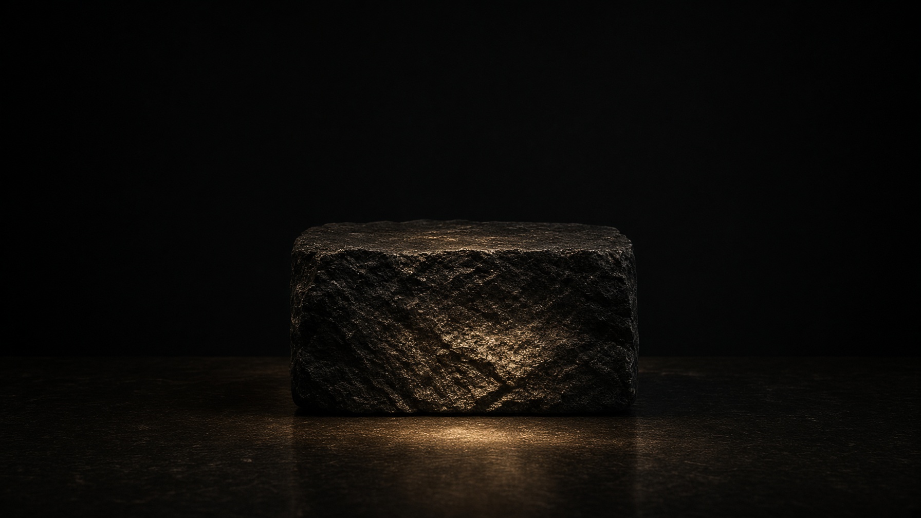 Un blocco di pietra nera grezza illuminato da una luce calda discreta su sfondo nero opaco, simbolo dell'opera essenziale e dell'attrito del vuoto.